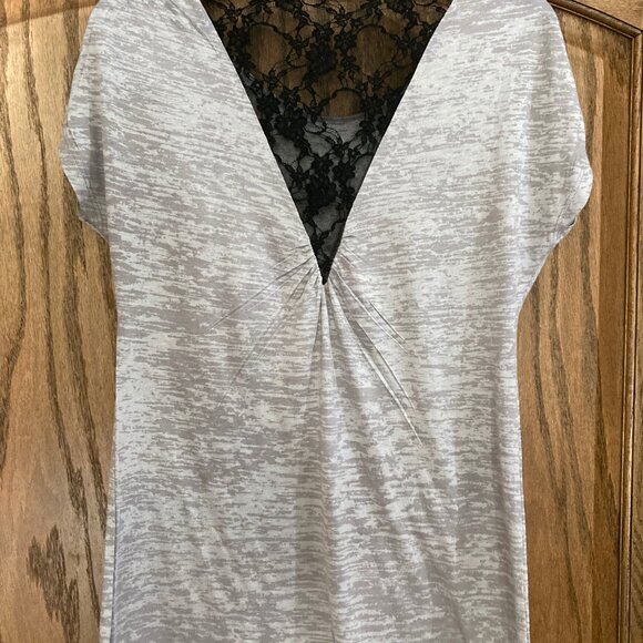 Daytrip Overlay Top, Gray/Grey with Purple &Turquoise Floral, Black Lace Back - Picture 4 of 6